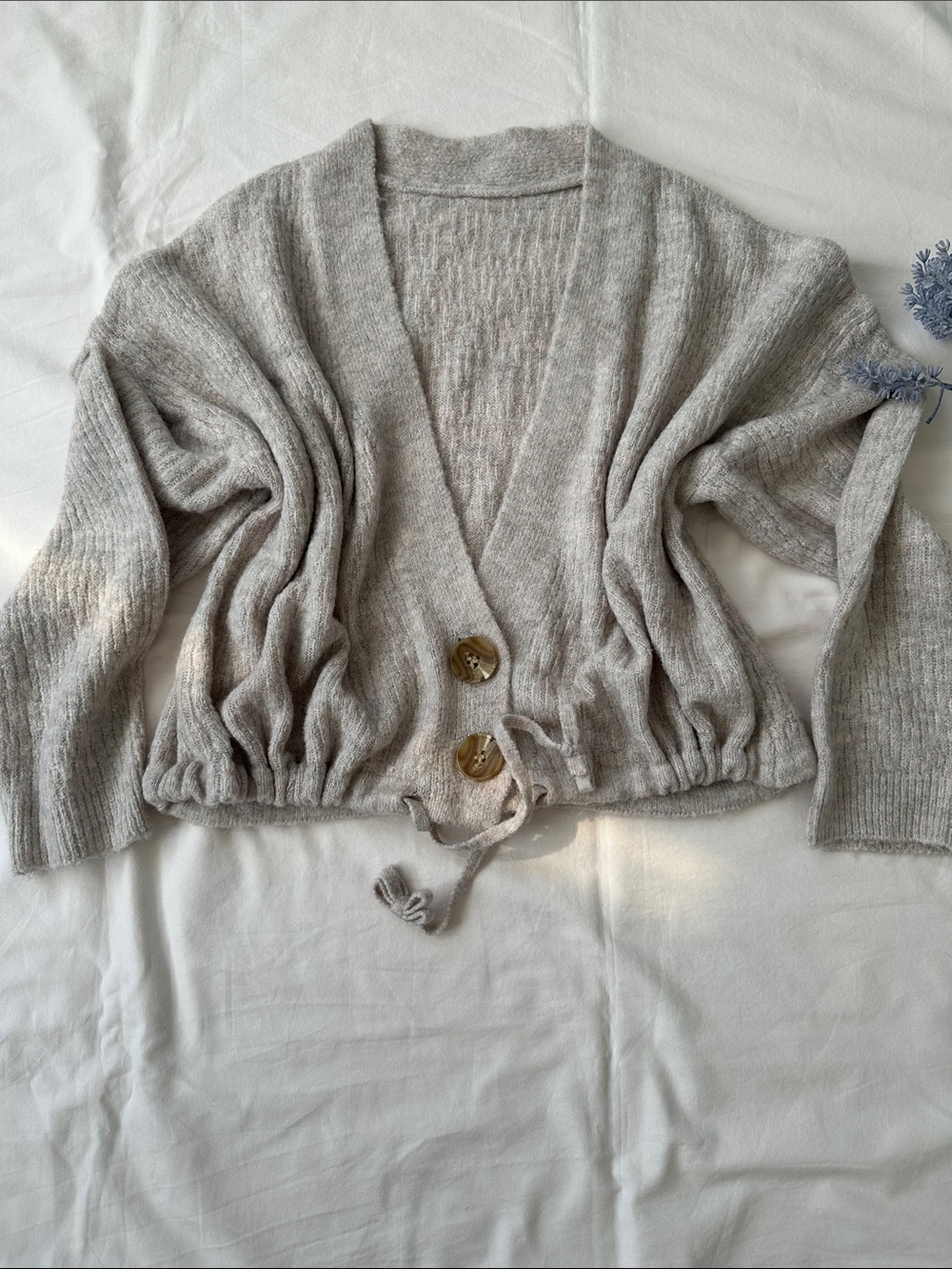 Soft Knit Tie-Waist Cardigan Sweater - Light Beige/Grey, oversized